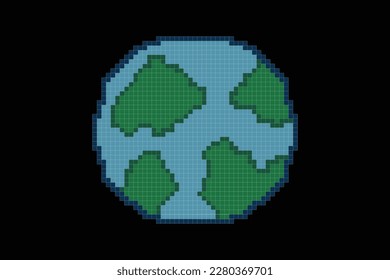 Juego de dibujos animados en píxeles de 8 bits de color planeta tierra de fondo cruzado vector con fondo negro.