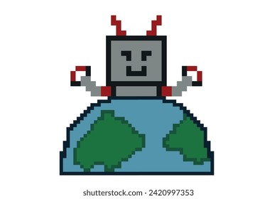 Cute pixel cartoon robot ai 8bit character game robot or AI for education chat vector big head 8 bit bot vector technology AI robot.