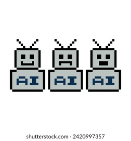 Cute pixel cartoon robot ai 8bit character game robot or AI for education chat vector big head 8 bit bot vector technology AI robot.