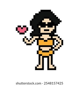 Cute pixel cartoon dos piezas personaje mujer bikini traje de baño juego verano playa vacaciones para decoración estilo de vida femenino bikini 2 piezas de dibujos animados 8 bit vacaciones relax pixel art Vector.