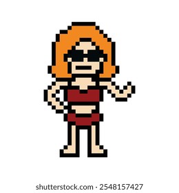 Desenho animado de pixel bonito dois personagem mulher biquíni terno de natação jogo férias de praia de verão para decoração estilo de vida biquíni feminino 2 peças de desenho animado 8 bits férias relaxar pixel art vetor.