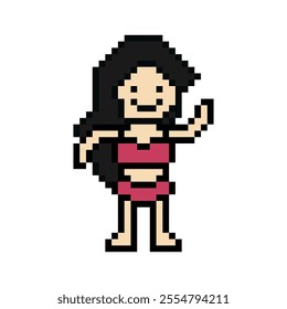 Cute pixel cartoon two piece character woman bikini swimming suit game summer beach vacation for decoration lifestyle female bikini 2 piece cartoon 8 bit holiday relax pixel art vector.