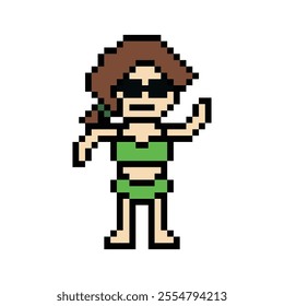 Cute pixel cartoon two piece character woman bikini swimming suit game summer beach vacation for decoration lifestyle female bikini 2 piece cartoon 8 bit holiday relax pixel art vector.