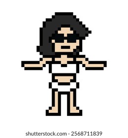 Cute pixel cartoon two piece character woman bikini swimming suit game summer beach vacation for decoration lifestyle female bikini 2 piece cartoon 8 bit holiday relax pixel art 8bit vector.