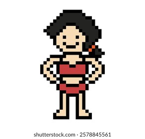 Cute pixel cartoon two piece character woman bikini swimming suit game summer beach vacation decoration lifestyle female bikini 2 piece 8 bit holiday relax pixel art 8bit vector.