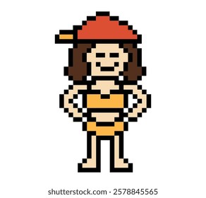 Cute pixel cartoon two piece character woman bikini swimming suit game summer beach vacation decoration lifestyle female bikini 2 piece 8 bit holiday relax pixel art 8bit vector.