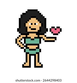 Desenho animado pixel bonito duas peças mulher biquíni natação terno jogo verão praia férias decoração estilo de vida biquíni feminino 2 peça 8 bit férias relaxar pixel arte vetor 8bit.