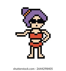 Cute pixel cartoon two piece character woman bikini swimming suit game summer beach vacation decoration lifestyle female bikini 2 piece 8 bit holiday relax pixel art 8bit vector.