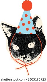 Cute pixel cat in party hat. Sticker with vintage texture.
