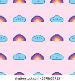 Cute Pixel Clouds and Rainbows Vector Illustration Pattern. Perfect for playful designs and whimsical backgrounds.