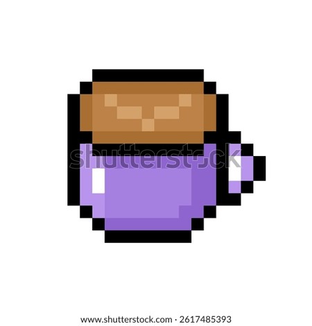 Cute pixel coffee cup icon isolated on a white background. Vector illustration in 8-bit retro style. Perfect for stickers, logo, various designs. 