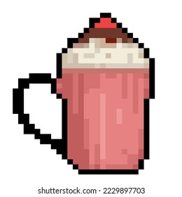 Cute Pixel cup of coffee. vector, isolated on white background. Coffee icon Old school computer graphic style. 8 bit video game. Hot New Year drink with Strawberry