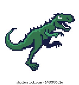 Cute pixel dinosaur isolated on white background, green animal, pixel predator, vector illustration with tyrannosaur, digital imaging with pixel icon