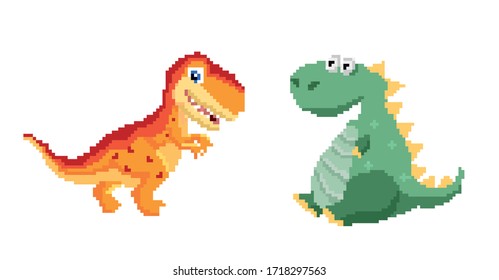 Cute pixel dinosaur isolated on white background, green animal, pixel predator, vector illustration with tyrannosaur, digital imaging with pixel icon