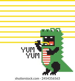 cute pixel dinosaur vector eating pasta