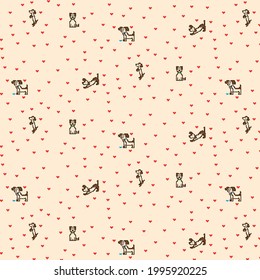 Cute pixel dogs, retro video computer game seamless vector pattern. Colorful Pixel Seamless Pattern with hearts.