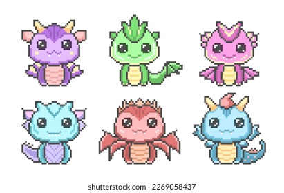 Cute pixel dragons set. Kawaii colorful funny dinosaurs with fantasy 8bit graphics and fabulous horns with wings. Legendary smiling little vector monsters