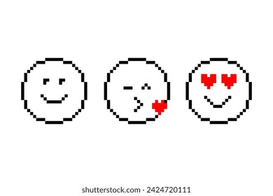 Lindos emoticonos de píxel. Iconos de sonrisa. Conjunto de Emoji. Iconos de Pixel Art. Ilustración vectorial. EPS 10.