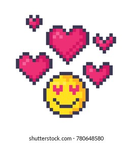 Cute pixel hearts and emoticon in love. Pixel art vector illustration