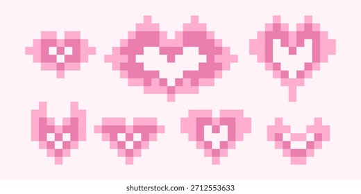 Corazones de píxeles lindos en tonos rosados suaves. Iconos digitales retro perfectos para el día de San Valentín, juegos, pegatinas, patrones, recursos de interfaz de usuario y diseños creativos románticos