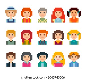 Cute pixel male and female avatars, isolated on white background