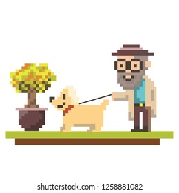 Cute Pixel Old Man With Dog