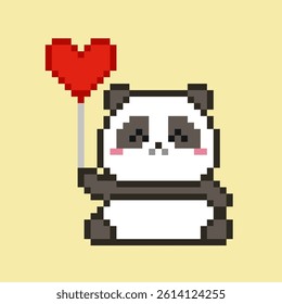 Cute Pixel Panda with heart balloon in retro 8-Bit game style vector pixel graphics