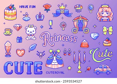 Cute Pixel Princess Pixel Art Sticker Set with Royal Accessories and Pastel Aesthetic