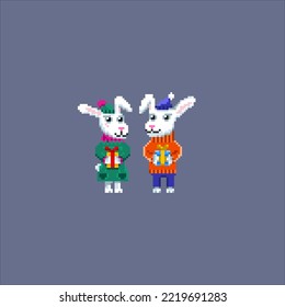Cute pixel rabbits in funny suits. New Year symbol. Rabbits family. Rabbit with carrot. Vector