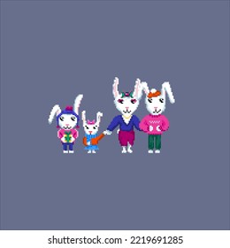 Cute Pixelkaninchen in lustigen Anzügen. Silvester-Symbol. Kaninchen Familie. Kaninchen mit Möhren. Vektorgrafik