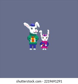 Cute pixel rabbits in funny suits. New Year symbol. Rabbits family. Rabbit with carrot. Vector