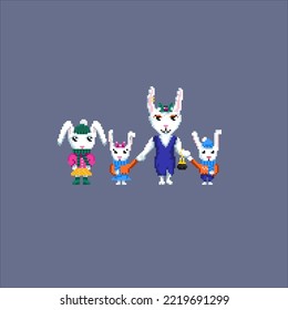 Cute pixel rabbits in funny suits. New Year symbol. Rabbits family. Rabbit with carrot. Vector