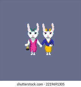 Cute pixel rabbits in funny suits. New Year symbol. Rabbits family. Rabbit with carrot. Vector