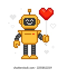 Cute Pixel Roboter halten Herzballon im Retro-Videospiel-Stil. Geek Valentins Tagesdekoration, Karte, Abschläge und Plakatdesign. Vektorgrafik