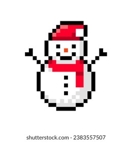 Cute pixel snowman with a Christmas red hat and scarf isolated on white background. Winter theme icon. Vector pixel art illustration of New Year elements in 16-bit old style.