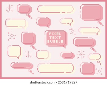 Cute pixel text speech bubble isolated pastel with frame elements illustration set. Speech talking thinking box. Dialogue cloud. 8 bit. For game development, mobile app, graphic, social media