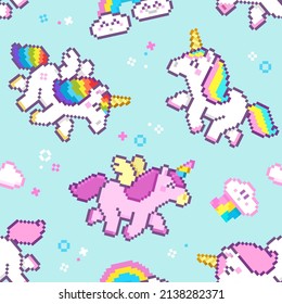 Cute Pixel Unicorns seamless pattern on blue background. Cartoon unicorns with rainbow tails for design of backgrounds, wallpapers, fabrics, wrapping paper, scrapbooking