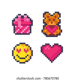 Cute pixel valentine icons: heart, emoji in love, gift and teddy bear. Isolated pixel art vector illustration on white background