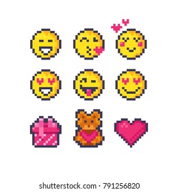 Cute pixel valentine icons: heart, emoji in love, gift and teddy bear. Smile icons. Isolated pixel art vector illustration on white background