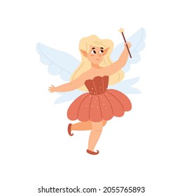 Cute pixie girl with magic wand and wings - flat vector illustration isolated on white background. Cartoon fairy character for children design.