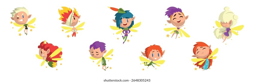 Cute Pixie Magical Creature Flying com Wings Vetor Set