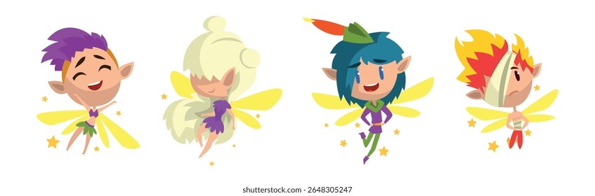Cute Pixie Magical Creature Flying com Wings Vetor Set