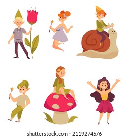 Cute pixie magical creatures on snail and mushroom, cartoon flat vector illustration isolated on white background. Set of fairy boys and girls characters with flowers and magic wands.