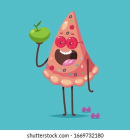 Cute pizza with apple and dumbbell vector cartoon character isolated on background. Healthy and unhealthy food concept illustration.