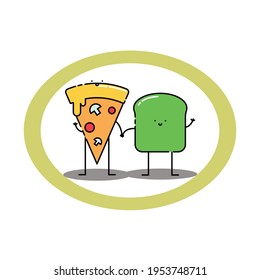 Cute pizza and avocado toast hold hand Illustration. modern simple food vector icon, flat graphic symbol in trendy flat design style. Food character.