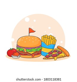 Cute Pizza, Burger, French Fries and Tomato Sauce icon illustration. Fast food icon concept isolated . Flat cartoon style Premium Vector