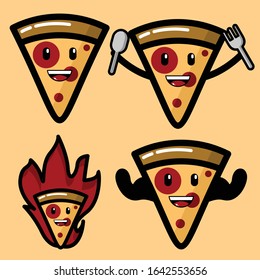 Cute Pizza Cartoon Character Vector Illustration. Outline, Modern, And Funny Art. Recomend For Restaurant. 