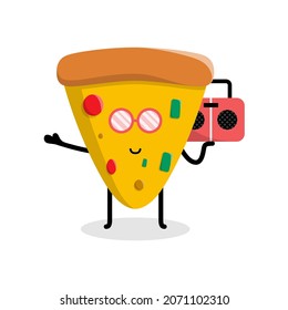 cute pizza character carrying radio illustration design
