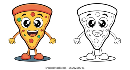 Cute Pizza Character Coloring Book For Kids Printable With Black Outline On White Background