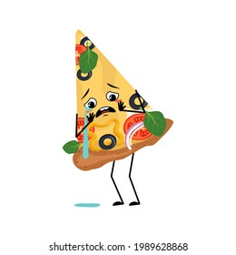 Cute pizza character with crying and tears emotions, face, arms and legs. The funny or sad food. Vector flat illustration
